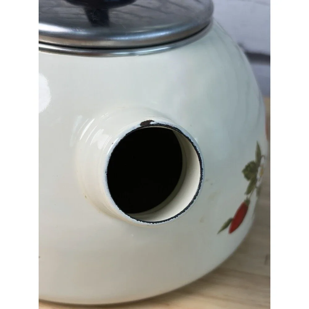 Vintage Strawberry Enamel Whistling Tea Kettle Farmhouse Kitchen Decor